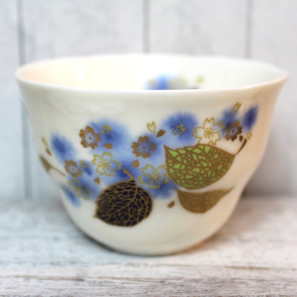 Vintage Porcelain Saki or Tea Cups Blue Gold Leaves Set of 10
